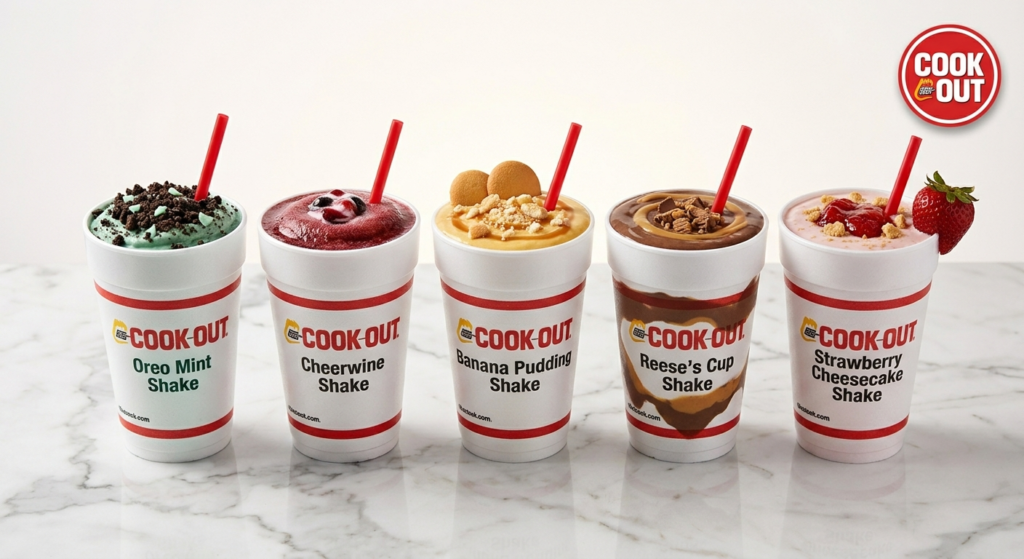 Five Cook Out milkshake flavors in a row — Oreo Mint, Cheerwine, Banana Pudding, Reese's Cup and Strawberry Cheesecake — in Cook Out branded cups with red straws