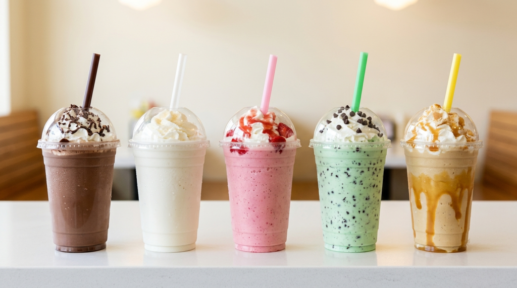Five Cook Out milkshakes in clear cups showing chocolate, vanilla, strawberry, mint, and banana pudding flavors with whipped cream on top