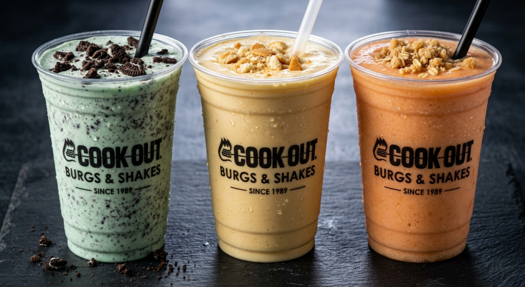 Three Cook Out hand-spun milkshakes in Statesboro Georgia β Oreo Mint, Banana Pudding and Peach Cobbler flavors in clear plastic cups