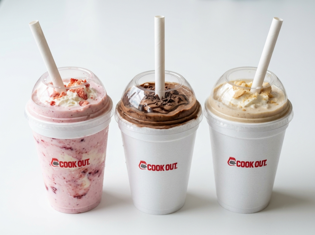 Three Cook Out style thick milkshakes in paper cups with lids and straws — pale pink strawberry, dark brown chocolate, and creamy vanilla — lined up in a row