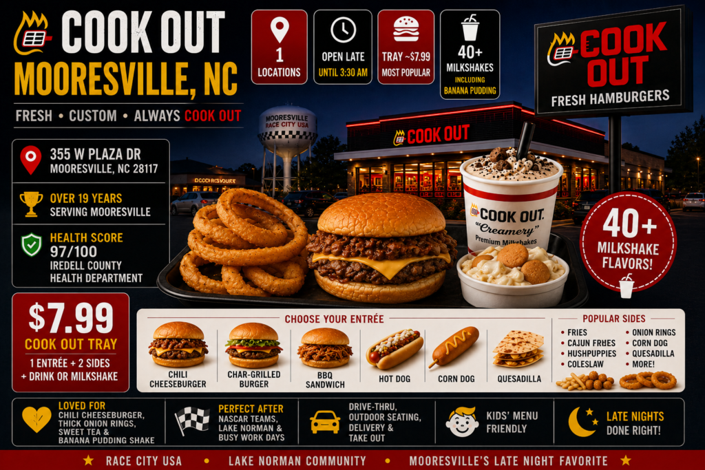 Cook Out Mooresville North Carolina at 355 West Plaza Drive featuring the famous Cook Out Tray, chili cheeseburger, onion rings, banana pudding milkshake, late-night hours until 3:30 AM, and over 40 milkshake flavors near Lake Norman and NASCAR race teams.