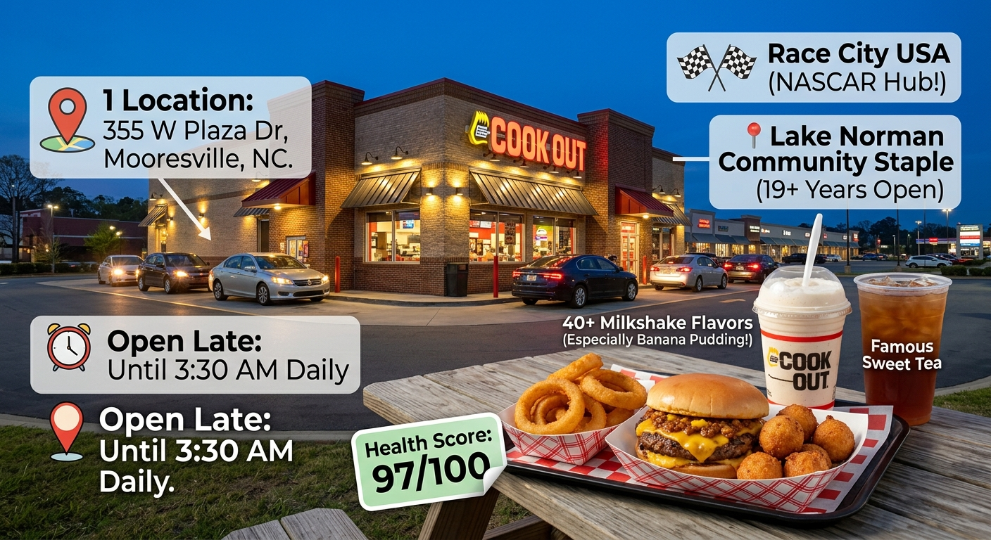 A realistic evening view of the Cook Out drive-thru at 355 West Plaza Drive in Mooresville, NC, featuring a classic $7.99 Cook Out Tray on a wooden picnic table with a char-grilled chili cheeseburger, golden onion rings, hushpuppies, sweet tea, and a thick hand-spun milkshake.
