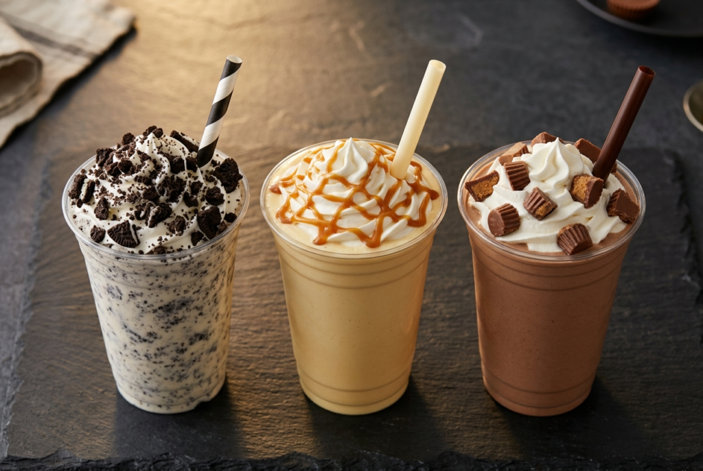 Three most popular Cook Out milkshakes side by side – Oreo, Banana Pudding, and Reese's Cup in clear cups with whipped cream toppings