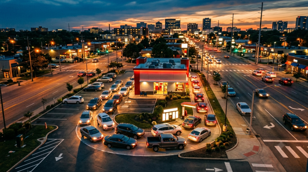 Busy Cook Out drive-thru lane in a popular city location with multiple cars waiting during peak hours