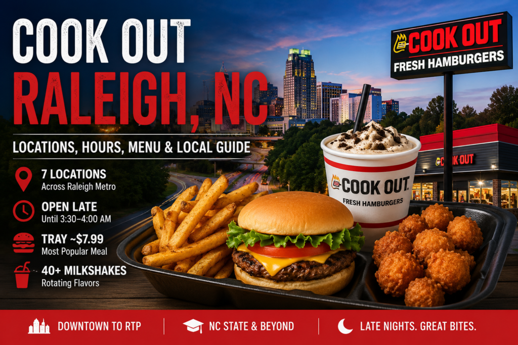 Cook Out Raleigh NC featuring char-grilled burger, fries, milkshake, and Raleigh skyline with information about locations, hours, menu, and late-night dining.