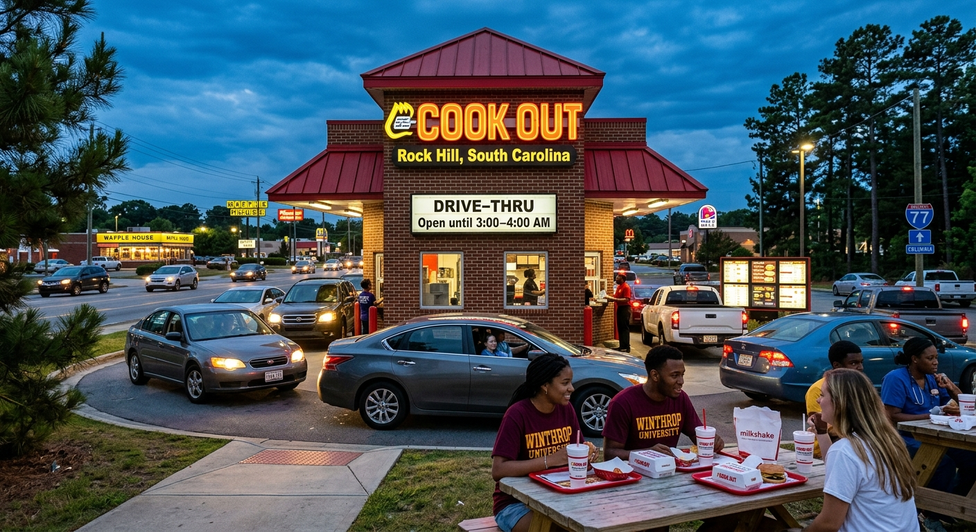 A realistic evening view of the Cook Out drive-thru in Rock Hill, SC, featuring a red neon Cook Out sign with "Rock Hill, South Carolina" and "Open until 3:00–4:00 AM" clearly lit. A double line of cars wraps around the brick building, while a blue I-77 interstate shield and adjacent Waffle House and Taco Bell signs are visible in the background under a twilight sky. In the foreground, Winthrop University students in maroon shirts and a healthcare worker in blue scrubs sit at wooden picnic tables, enjoying customizable Cook Out Trays and hand-spun milkshakes.