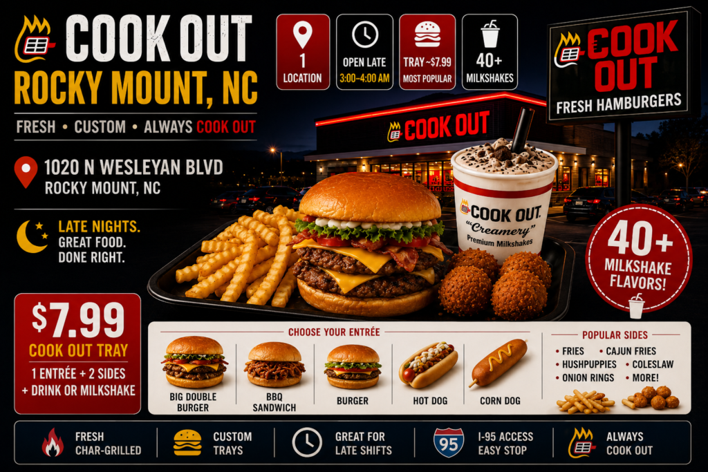 Cook Out Rocky Mount North Carolina restaurant featuring char-grilled burgers, Cook Out Tray, fries, hushpuppies, milkshakes, location information, hours, and menu highlights at 1020 N Wesleyan Blvd Rocky Mount NC.
