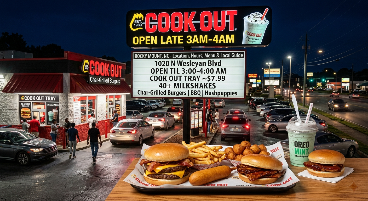 A realistic night view of the Cook Out restaurant drive-thru at 1020 North Wesleyan Boulevard in Rocky Mount, NC, showing busy traffic, cars waiting in line, and customers at the walk-up window.