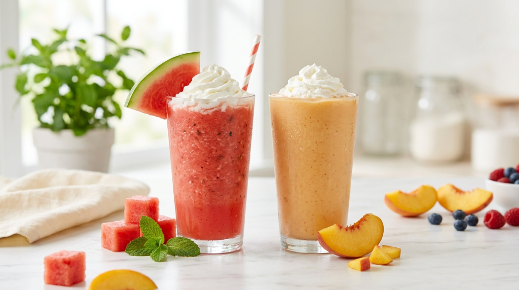 Two Cook Out seasonal milkshakes in clear cups – Fresh Watermelon shake in bright pink-red and Peach shake in warm orange, with fresh fruit garnishes on a white surface