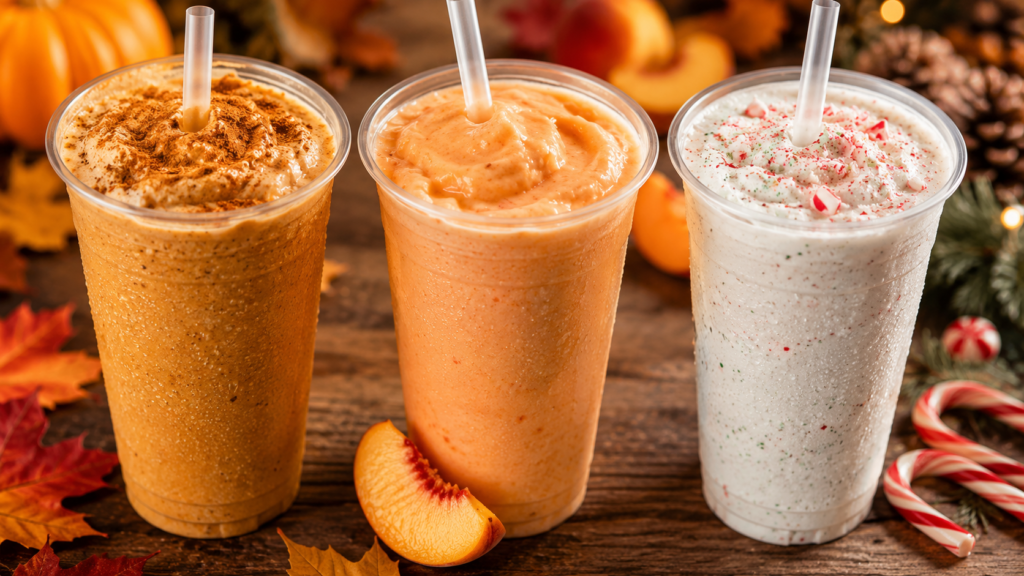 Three Cook Out seasonal milkshakes representing fall pumpkin pie, summer peach, and holiday peppermint flavors