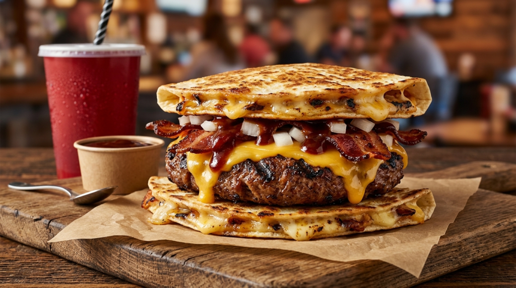 Cook Out secret menu Quesadilla Burger custom order with char-grilled patty, melted cheese, bacon, and onions at Cook Out Augusta Georgia