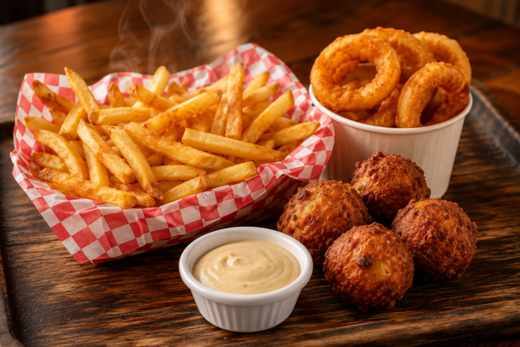 Basket of crispy fries, onion rings, and hushpuppies with dipping sauce, Cook Out sides style