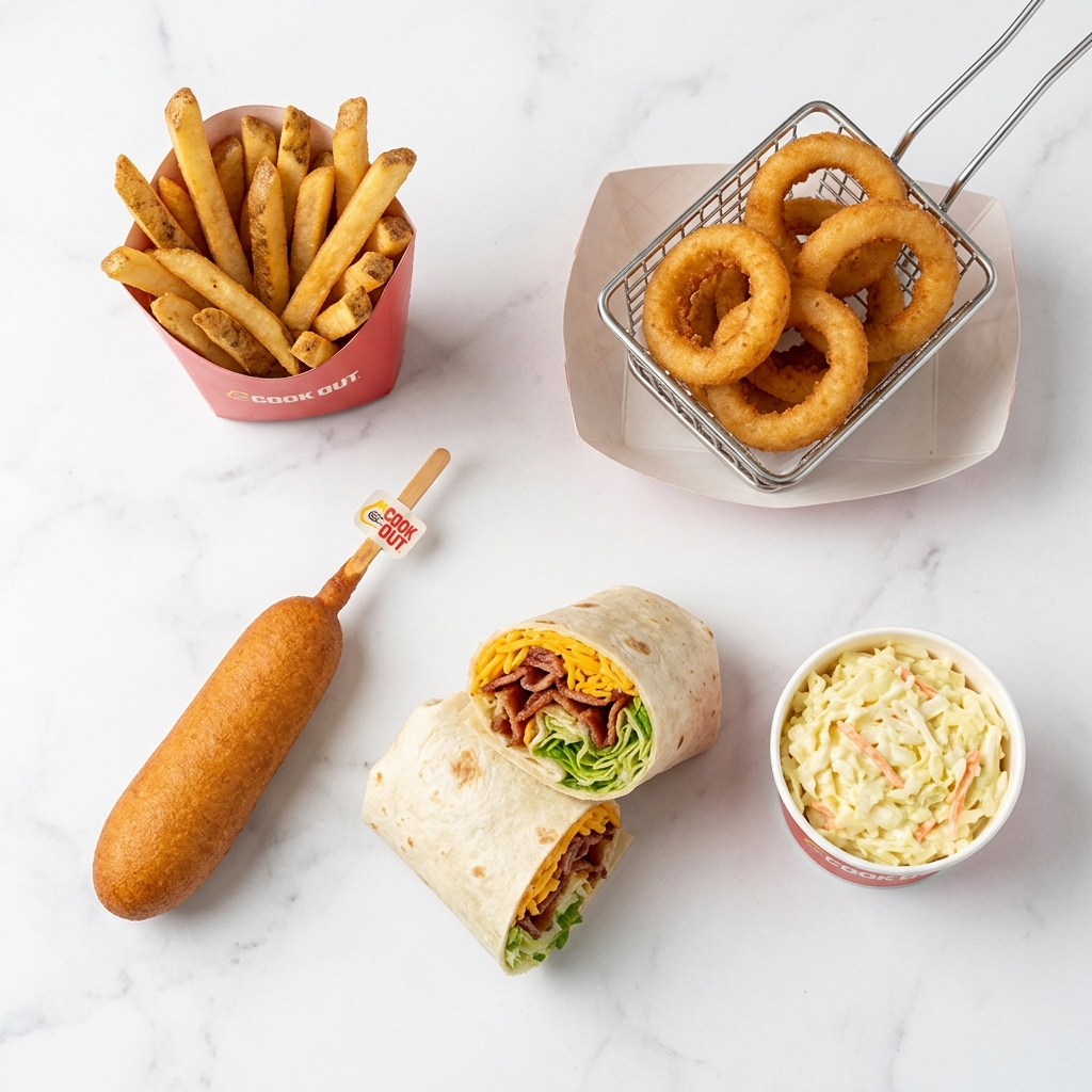 Overhead flat-lay of five Cook Out side items: golden fries in a red container, battered onion rings, a corn dog on a stick, creamy coleslaw in a cup, and a bacon wrap cut in half