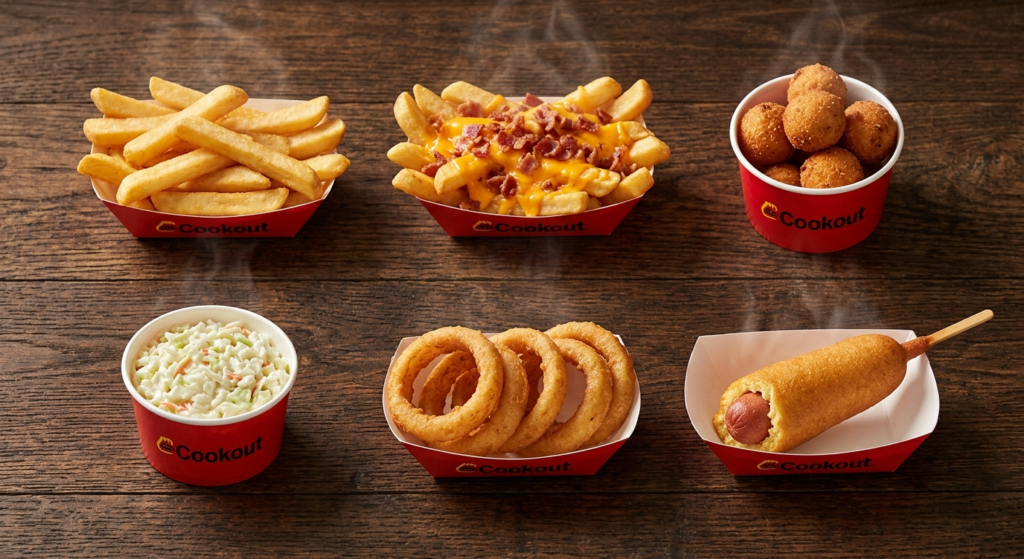 Cook Out sides menu in Statesboro Georgia showing regular fries loaded cheese fries hushpuppies coleslaw onion rings and corn dog options