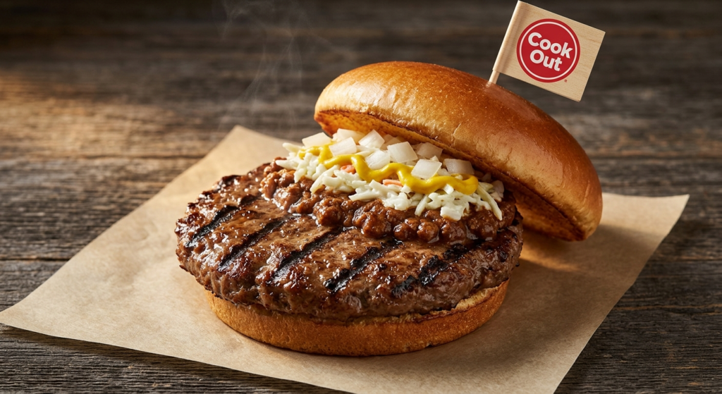 Fresh char-grilled Cook Out Style Burger with chili slaw mustard and onions made to order at Statesboro Georgia Cook Out locations