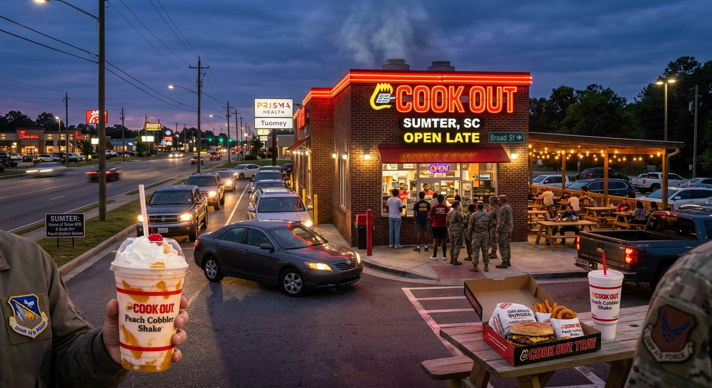 A realistic twilight view of the Cook Out restaurant at 1180 Broad Street in Sumter, South Carolina, featuring a glowing red neon Cook Out sign with "SUMTER, SC" and "OPEN LATE" clearly lit above a green "Broad St" sign. In the background, an illuminated sign for "Prisma Health Tuomey" is visible next to a distant streetscape. In the left foreground, a close-up shows a person in a US Air Force uniform holding a thick, hand-spun Peach Cobbler Milkshake topped with whipped cream and a cherry. In the right foreground on a wooden picnic table sits an open Cook Out Tray containing a char-grilled burger, golden fries, and onion rings, alongside a white Cook Out cup. On the sidewalk, active-duty military personnel in uniform stand near the walk-up window and outdoor seating patio, while a line of cars waits in the drive-thru lane.