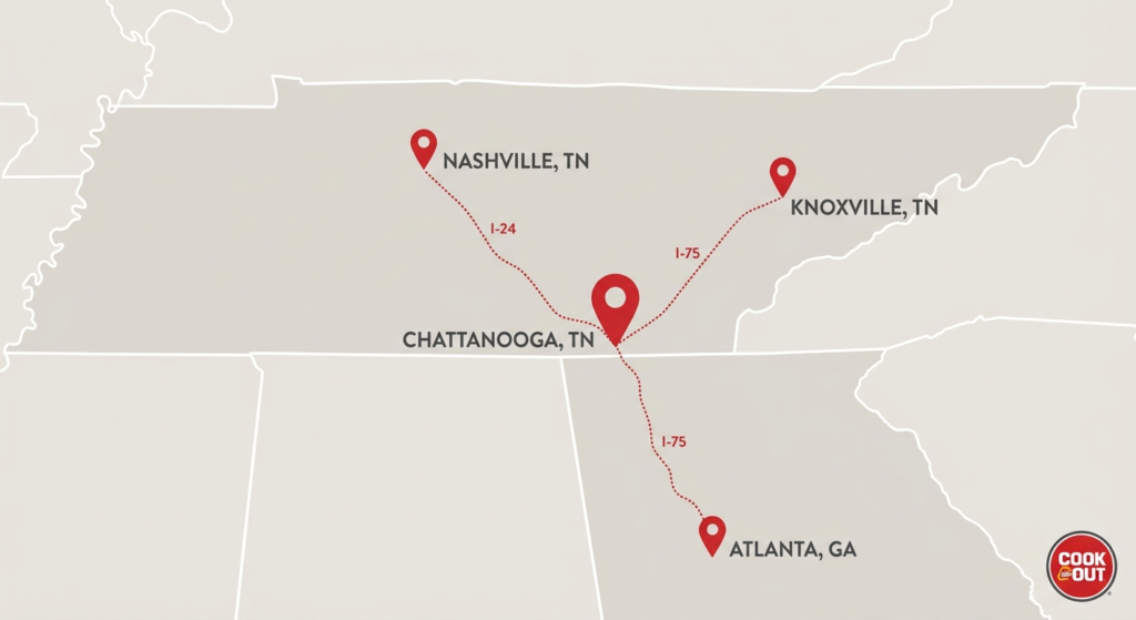 Illustrated map showing Cook Out locations near Chattanooga Tennessee with pins for Nashville, Knoxville and Atlanta connected by I-24 I-75 highway routes