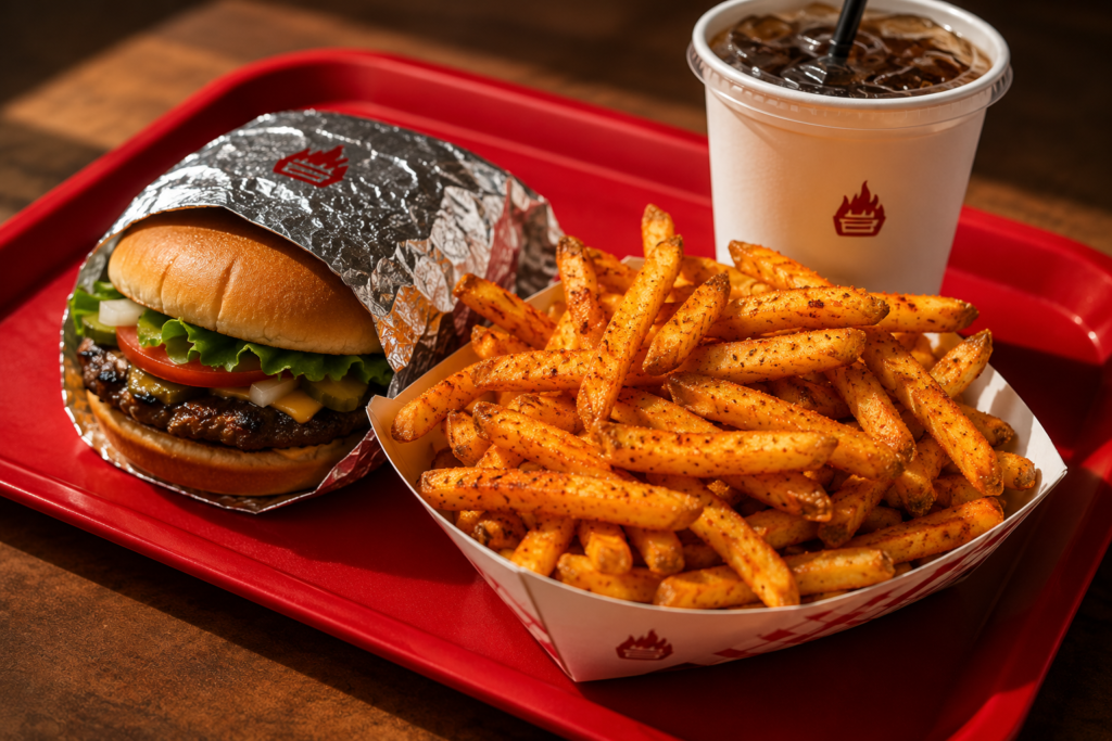 ook Out style tray with burger, Cajun fries, and drink