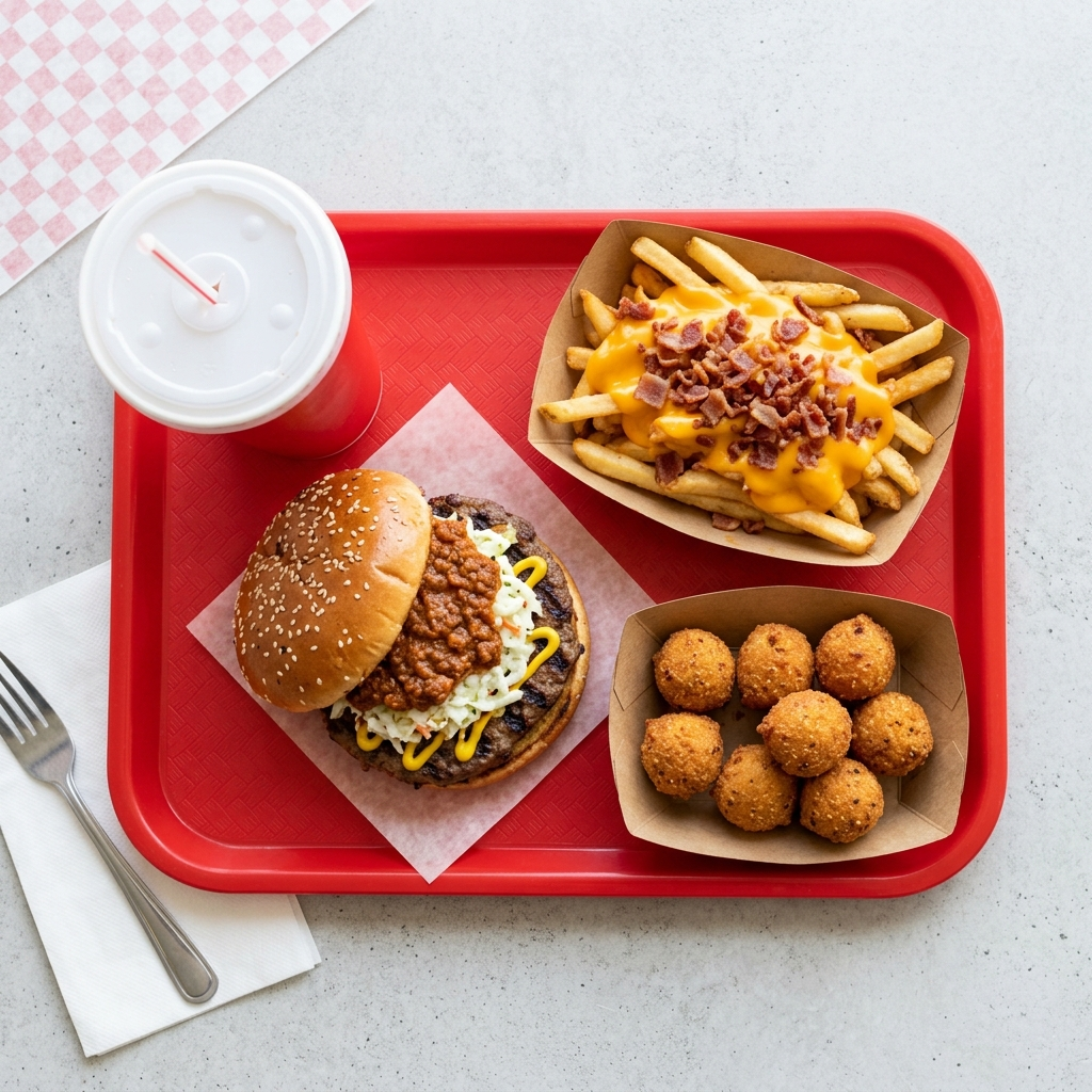 Cook Out Tray meal combination with char-grilled burger, cheese fries with bacon, hushpuppies, and large drink at Cook Out Augusta Georgia