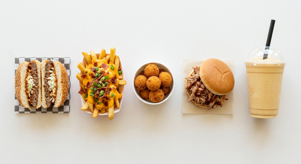Cook Out Tray combination options in Statesboro Georgia showing burger BBQ sandwich loaded fries hushpuppies and milkshake choices