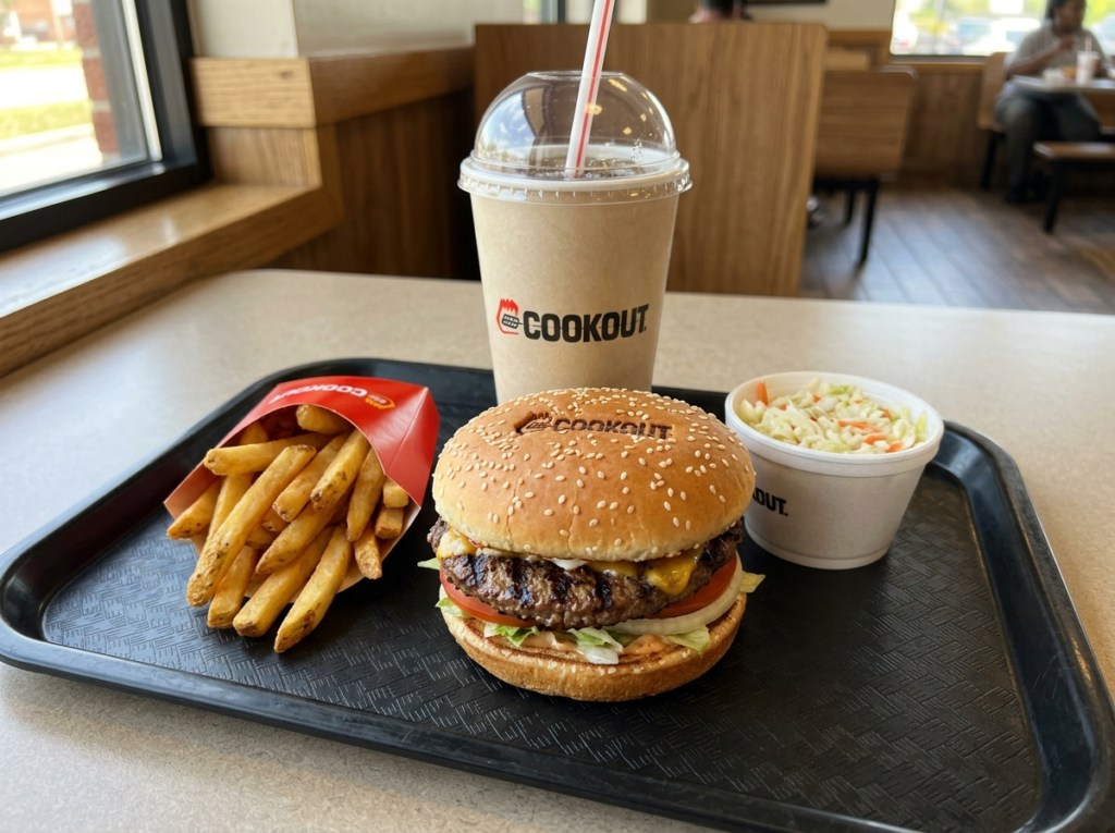 A complete Cook Out Tray meal showing a char-grilled burger, french fries, coleslaw, and a large drink cup arranged together on a tray
