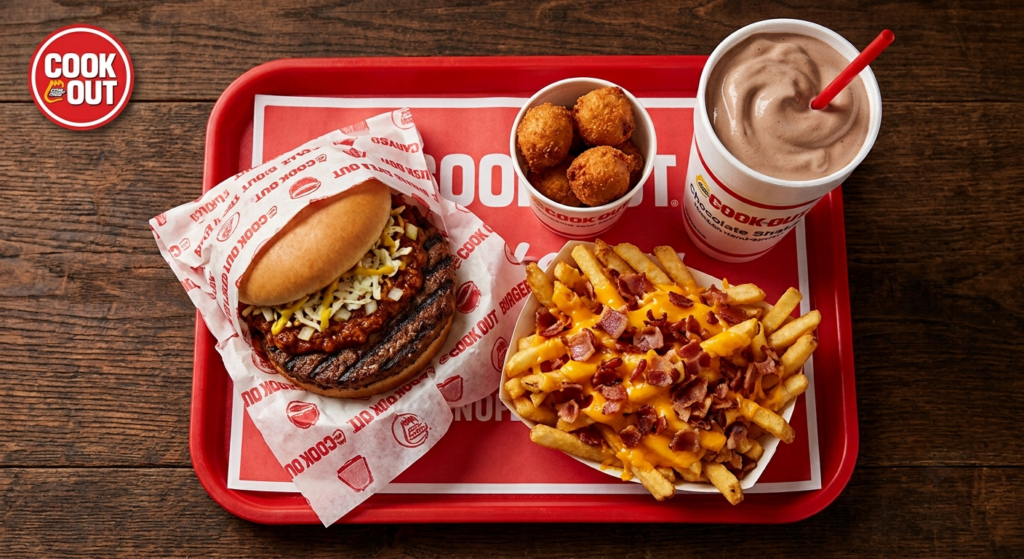 Cook Out Tray meal with char-grilled burger loaded cheese fries hushpuppies and thick milkshake on a Cook Out branded tray