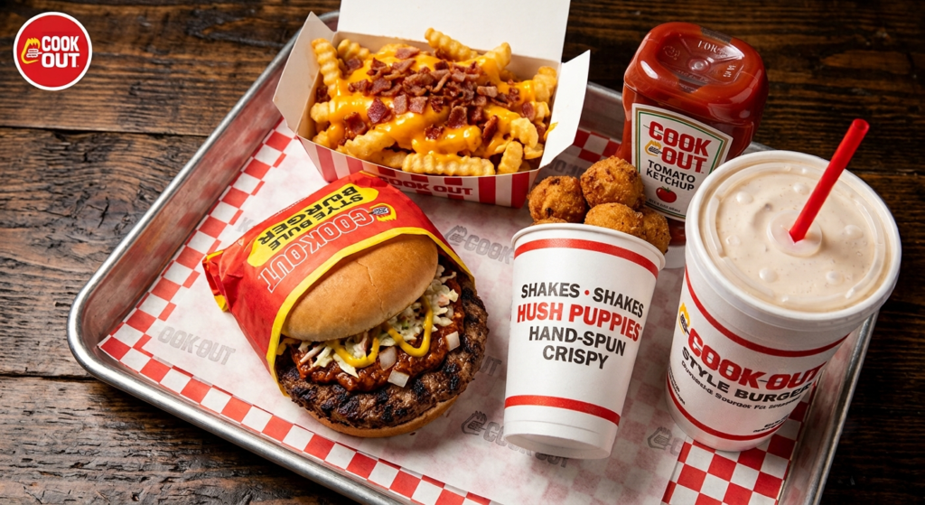 Cook Out Tray meal with char-grilled burger, loaded cheese fries, hushpuppies and thick milkshake on a Cook Out branded tray