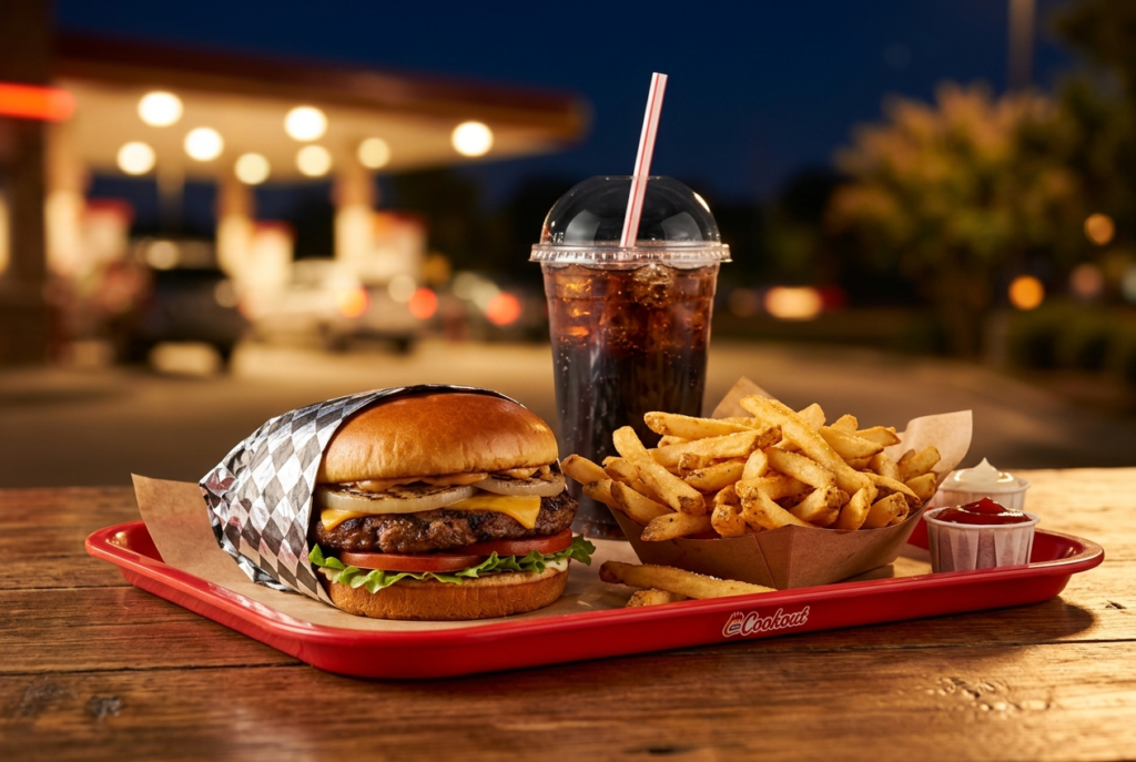 Cook Out style tray meal with burger, fries, and drink