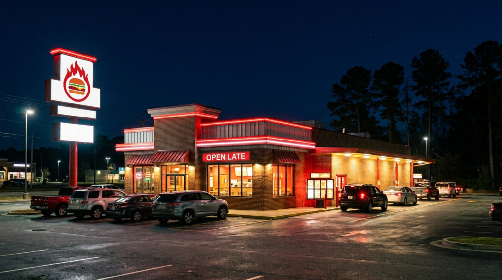 Cook Out Valdosta Georgia restaurant exterior open late at night with drive-thru lane lit up