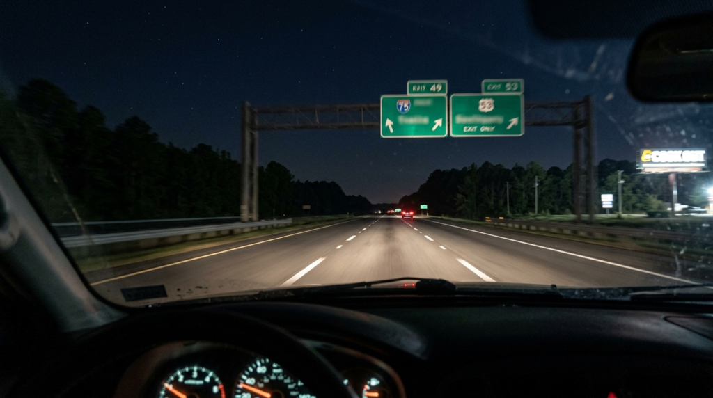 Late night view from inside a car on I-75 in South Georgia heading toward the Florida state line near Valdosta
