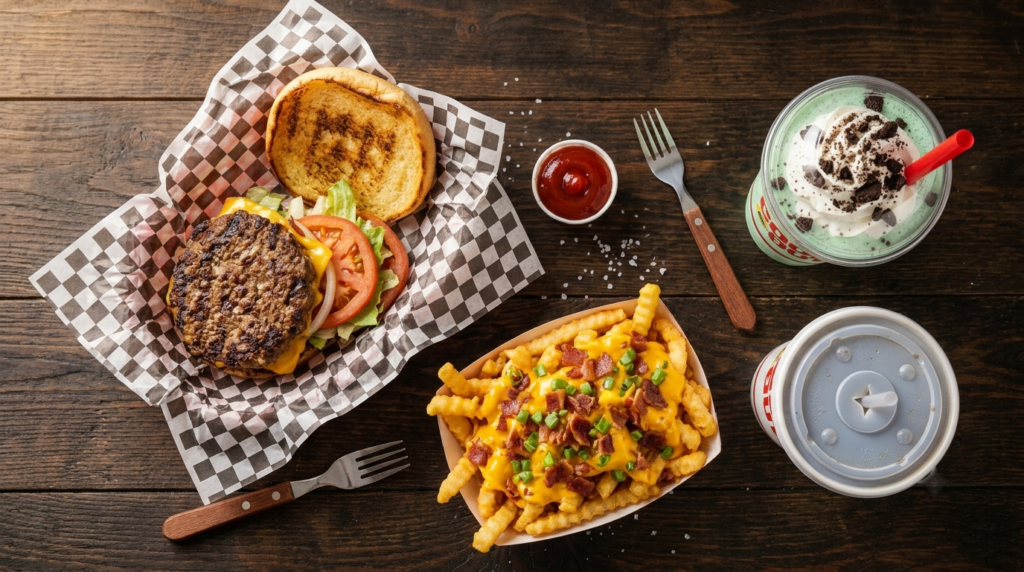 Cook Out Valdosta menu tray showing char-grilled burger loaded fries and Oreo Mint milkshake for 7.99