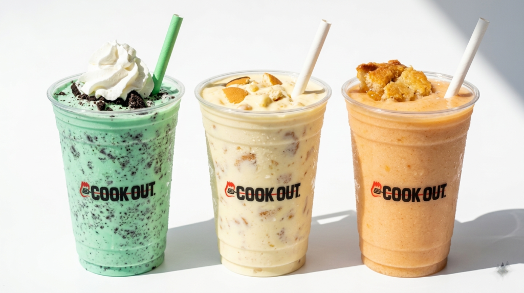 Cook Out Valdosta milkshakes including Oreo Mint banana pudding and peach cobbler thick and cold in clear cups