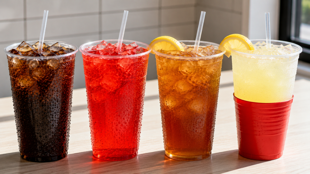  Four fountain drinks including cola, cherry soda, iced tea, and lemonade lined up on a counter