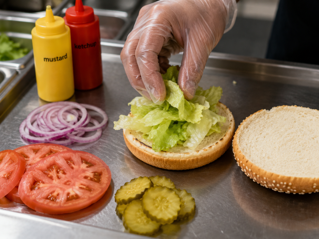 Hand assembling a plain bun with lettuce, onion, tomato, and pickles as a vegan Cook Out order