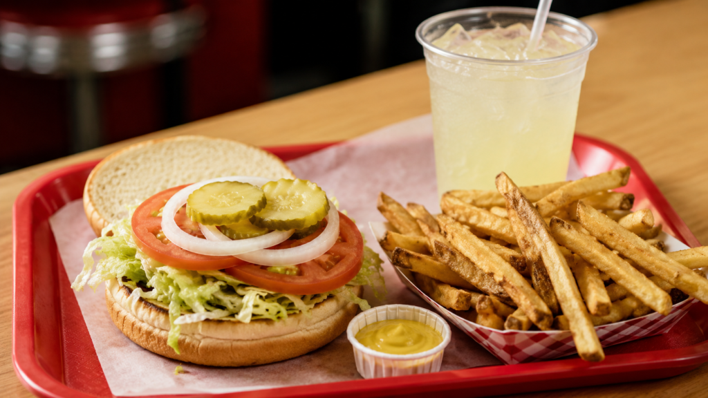 Plain bun sandwich with lettuce, tomato, onion, and pickles next to fries and lemonade on a Cook Out tray