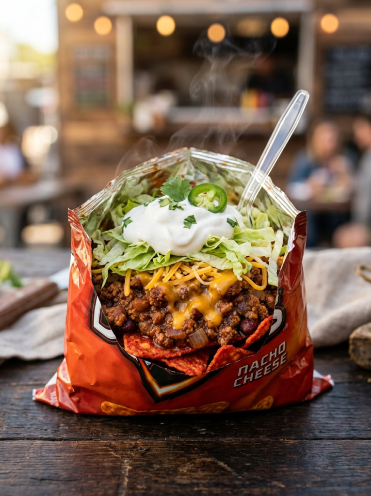 Classic Cook Out walking taco served in an open Doritos chip bag with beef chili, melted cheese, sour cream and shredded lettuce