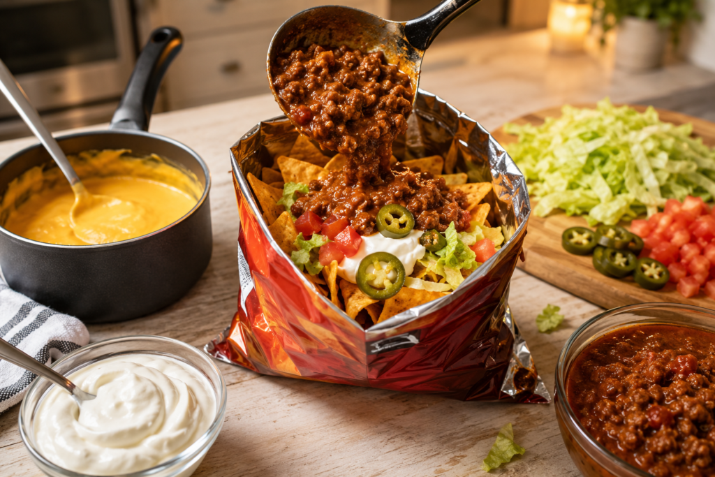 Homemade walking taco being assembled on a kitchen counter — chili being poured into an open chip bag with nacho cheese sauce, sour cream and toppings ready on the side