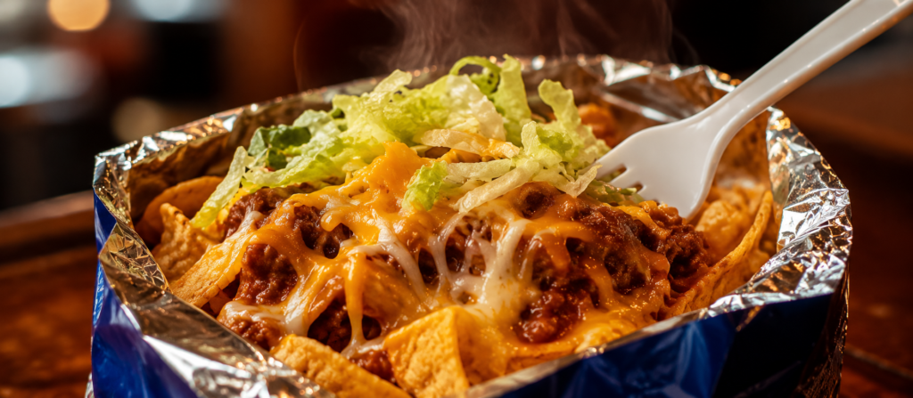 Walking taco loaded with chili, melted cheese, and corn chips, Cook Out sides style