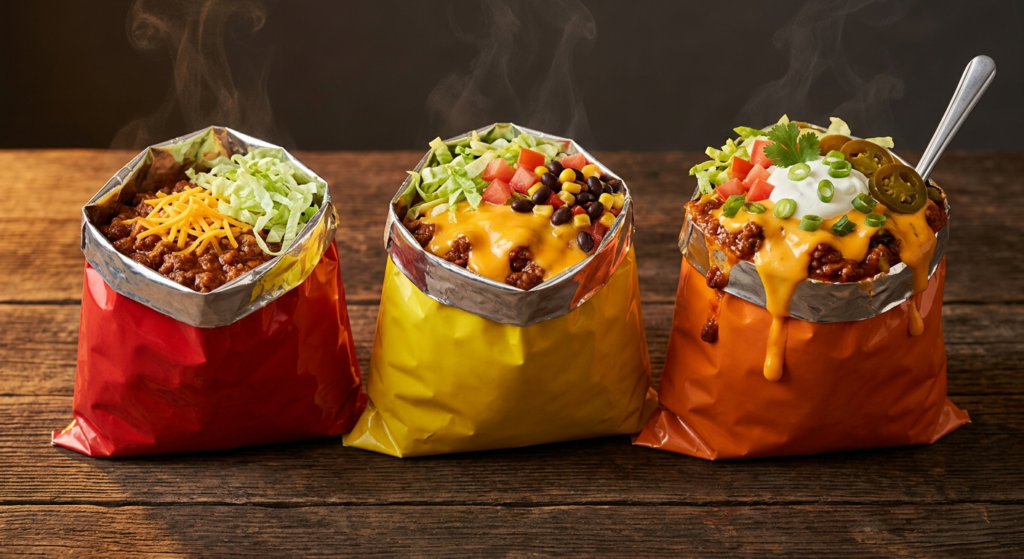 Three Cook Out walking taco versions shown side by side — Classic, Cheese, and Deluxe — each in an open chip bag with increasing amounts of chili, cheese and toppings