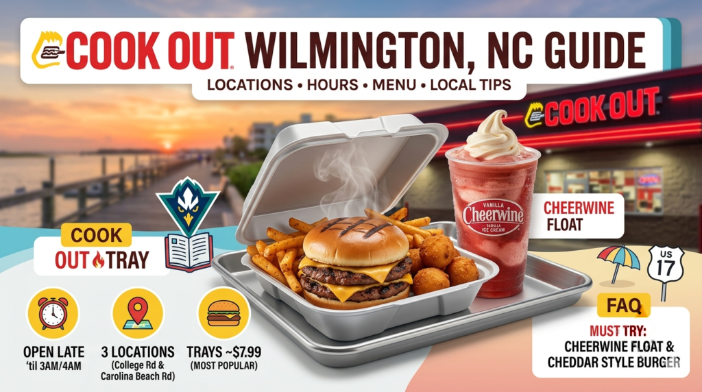 A vibrant web banner graphic for a Cook Out local guide in Wilmington, NC. The background is split between a scenic sunset over the Wilmington Riverwalk on the left and a brightly lit Cook Out restaurant exterior on the right. In the center sits a large, realistic rendering of a Cook Out Tray in a white clamshell box, containing a double cheeseburger, fries, and hushpuppies, alongside a tall Cheerwine Float milkshake. Bold text at the top reads "COOK OUT WILMINGTON, NC GUIDE: LOCATIONS • HOURS • MENU • LOCAL TIPS." Various inset graphics and icons highlight key information: a UNCW Seahawks logo, "Open Late 'til 3AM/4AM," "3 Locations," "Trays ~$7.99," a beach umbrella icon with "US 17," and a callout box stating "Must Try: Cheerwine Float & Cheddar Style Burger."