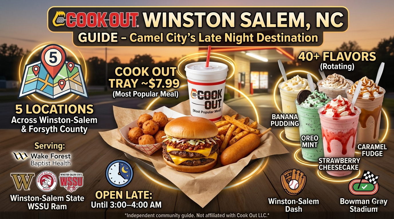 Wide website hero banner for a Cook Out Winston-Salem, NC local guide. The top reads "Cook Out: Winston Salem, NC Guide - Camel City's Late Night Destination". The left side features a stylized map with a "5" pin indicating locations across Forsyth County, alongside text referencing Wake Forest Baptist Health and Winston-Salem State University. The center showcases a photorealistic Cook Out Tray featuring a double burger loaded with chili and cheese, a corn dog, fries, and hushpuppies. The right side displays a group of thick milkshakes labeled "40+ Flavors" in varieties like Banana Pudding, Oreo Mint, Strawberry Cheesecake, and Caramel Fudge. The bottom highlights "Open Late: Until 3:00–4:00 AM" next to icons for the Winston-Salem Dash and Bowman Gray Stadium.