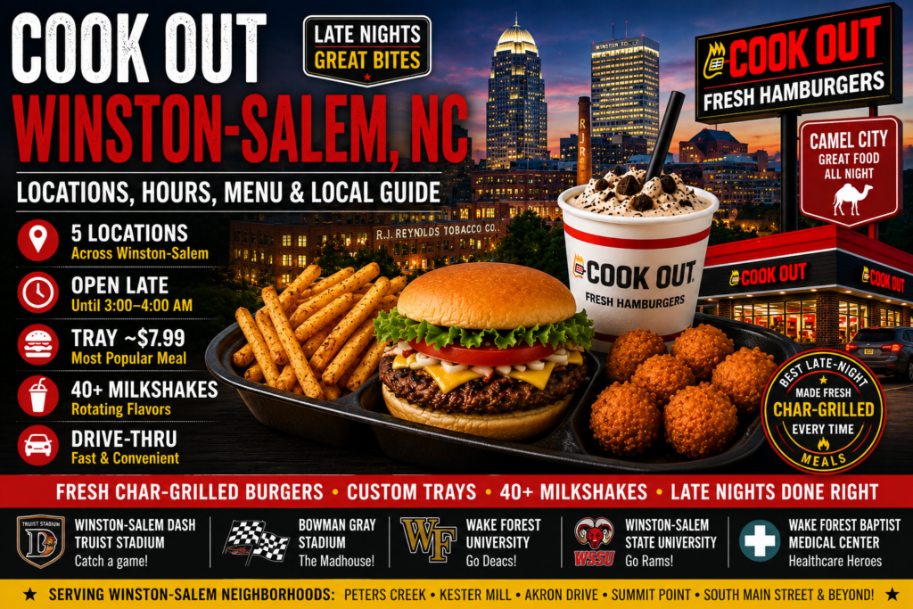 Cook Out Winston-Salem NC featuring char-grilled burgers, fries, milkshakes, locations, hours, menu, and late-night dining across Forsyth County.