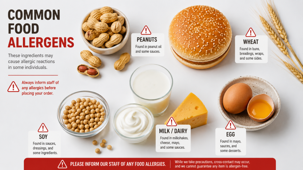Cook Out allergen information highlighting common allergens such as peanuts, wheat, milk, egg, and soy that may be present in menu items and ingredients.