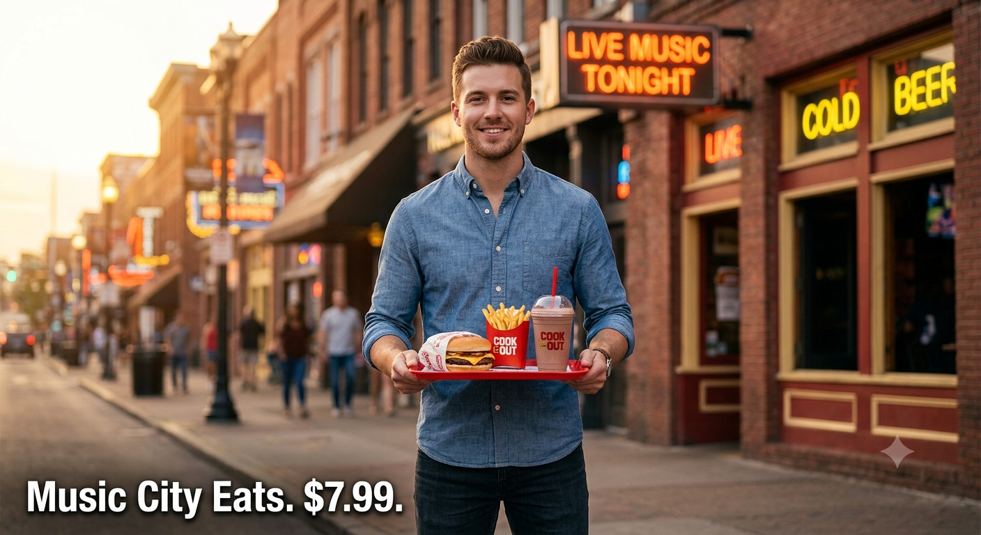 Young professional holding Cook Out meal tray with burger, fries, and milkshake on Nashville Broadway street with neon signs at sunset