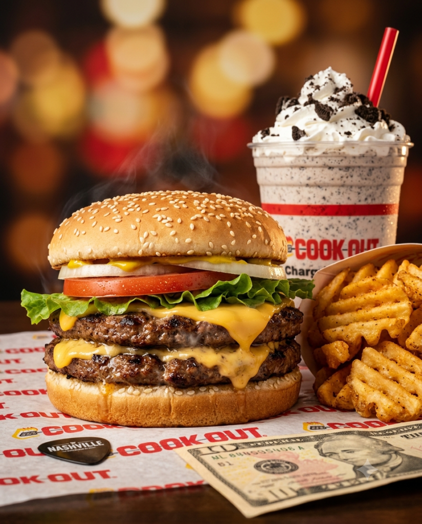 Cook Out fresh chargrilled double cheeseburger with melted cheese lettuce tomato and onion next to crispy waffle fries and Oreo milkshake with whipped cream on Cook Out branded wrapper with Nashville guitar pick and dollar bill in foreground