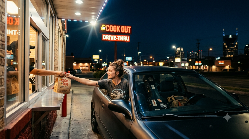 Young woman musician in band t-shirt reaching out car window to receive Cook Out bag at late night drive thru with Cook Out Drive Thru neon sign and Nashville city skyline glowing in dark background