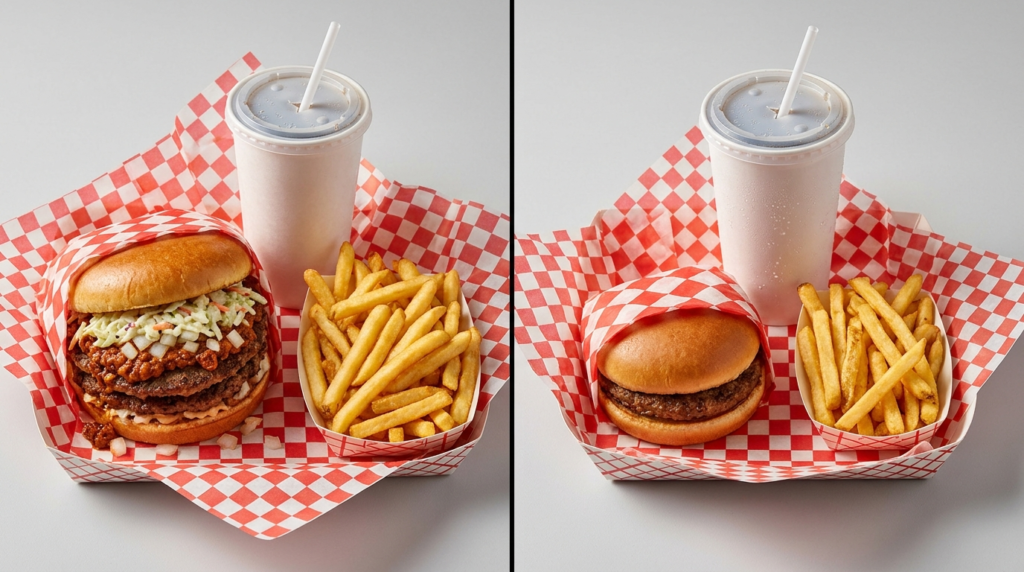 Side by side comparison of Cook Out Regular Tray full size meal on the left and JR Tray smaller meal on the right