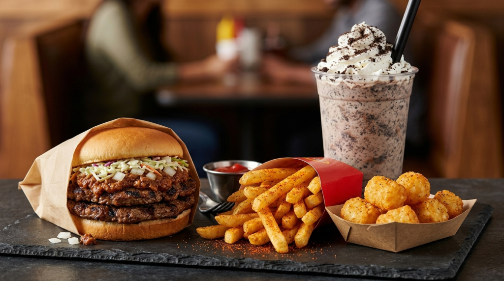 Best Cook Out Tray combination build showing a double burger, Cajun fries, Cook Out Rounds, and an Oreo milkshake upgrade on a wooden surface