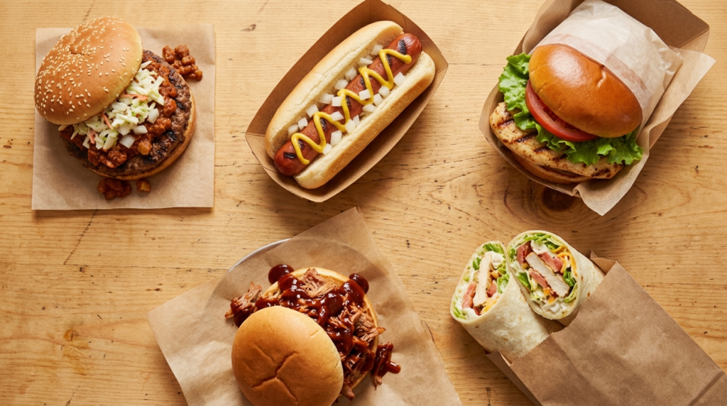 Flat lay of Cook Out Tray main entrée options showing a burger, hot dog, grilled chicken sandwich, BBQ pulled pork sandwich, and chicken wrap