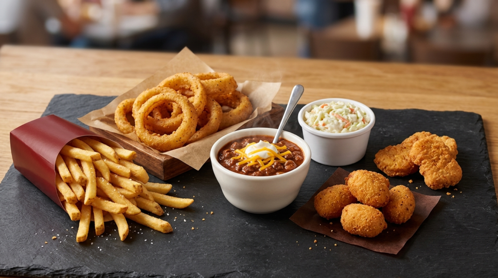 Selection of Cook Out Tray side options including Cajun fries, onion rings, coleslaw, hushpuppies, chili cup, and chicken nuggets arranged together